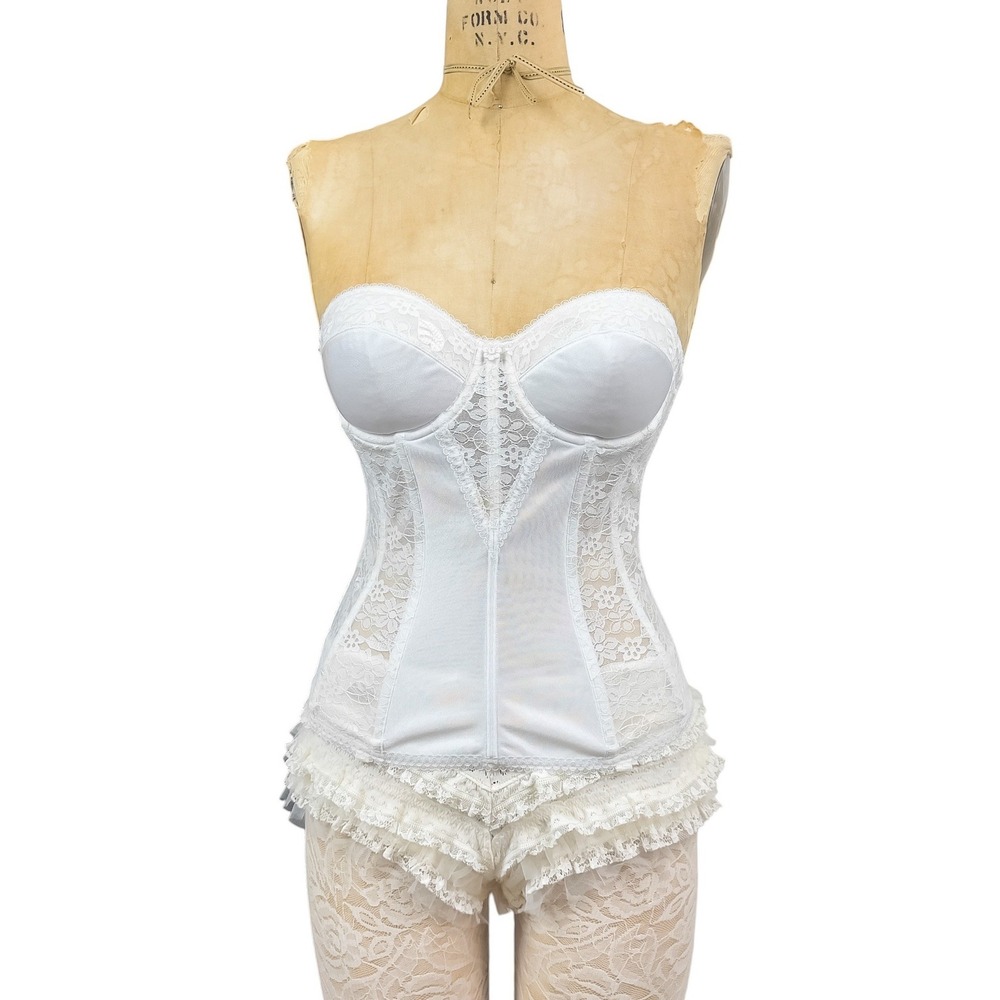 Vintage White Lace Corset Top Longline Bustier Dominique Strapless Bridal 32C